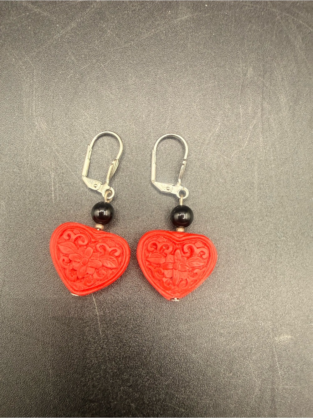 Red Heart Floral Drop Earrings with Black Bead